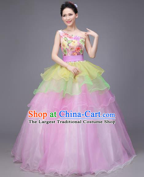 Professional Modern Dance Compere Pink Veil Dress Opening Dance Stage Performance Costume for Women