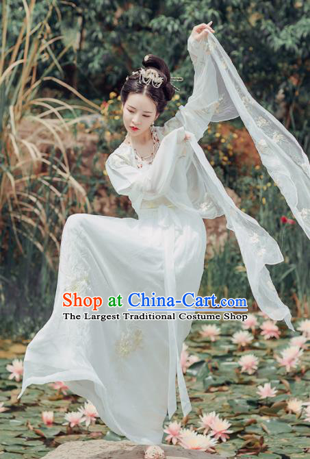 Chinese Ancient Imperial Consort Embroidered Costumes Traditional Tang Dynasty Princess White Hanfu Dress for Women