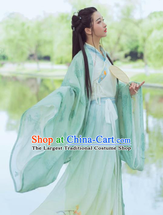 Chinese Ancient Maidenform Costumes Jin Dynasty Princess Embroidered Green Hanfu Dress for Women