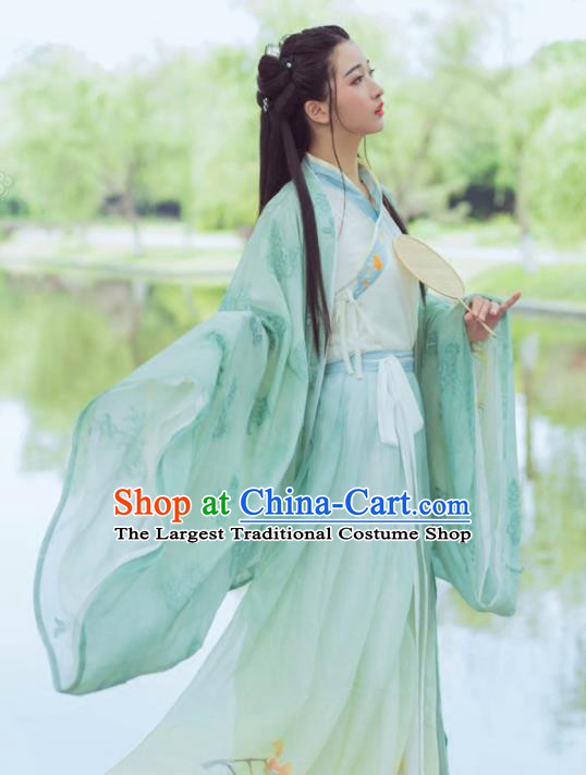 Chinese Ancient Maidenform Costumes Jin Dynasty Princess Embroidered Green Hanfu Dress for Women