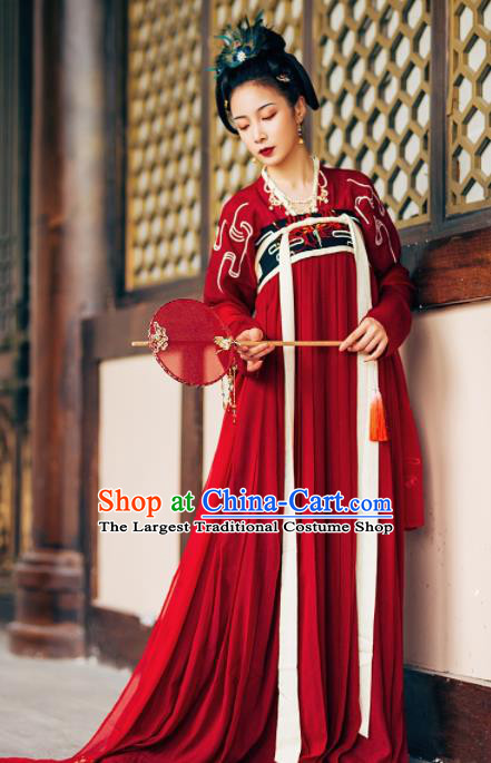 Chinese Ancient Maidenform Costumes Tang Dynasty Princess Embroidered Red Hanfu Dress for Women