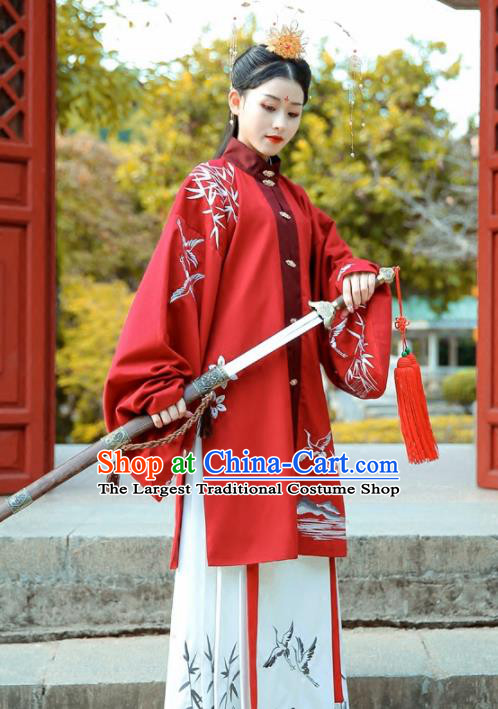 Chinese Ancient Ming Dynasty Swordswoman Costumes Embroidered Red Hanfu Dress for Women