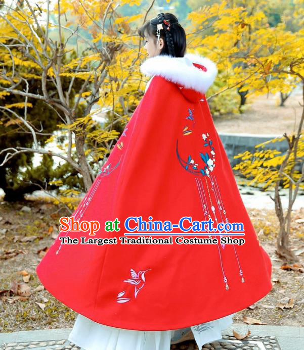 Chinese Ancient Ming Dynasty Swordswoman Costumes Embroidered Red Wool Cloak for Women