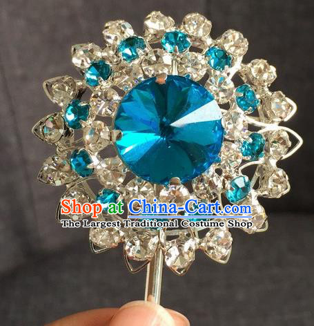 Chinese Ancient Princess Blue Crystal Hairpins Traditional Peking Opera Diva Hair Accessories for Women