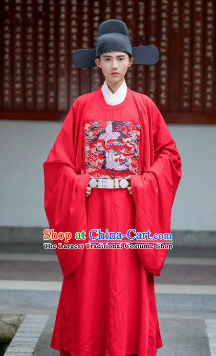 Chinese Ming Dynasty Officer Red Embroidered Robe Ancient Bridegroom Wedding Costumes for Men