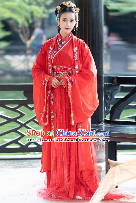 Ancient Chinese Tang Dynasty Wedding Historical Costumes Nobility Lady Embroidered Red Hanfu Dress for Women
