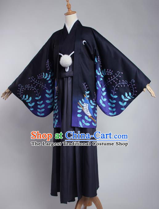 Japanese Traditional Cosplay Knight Costumes Ancient Swordsman Navy Kimono Clothing for Men