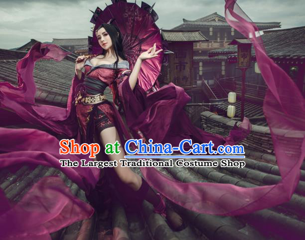 Top Grade Chinese Cosplay Peri Princess Costumes Ancient Swordswoman Purple Dress for Women