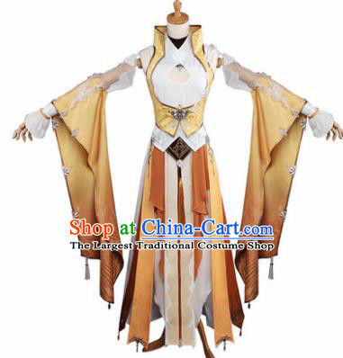 Top Grade Chinese Cosplay Young Lady Female Assassin Costumes Ancient Swordswoman Golden Dress for Women