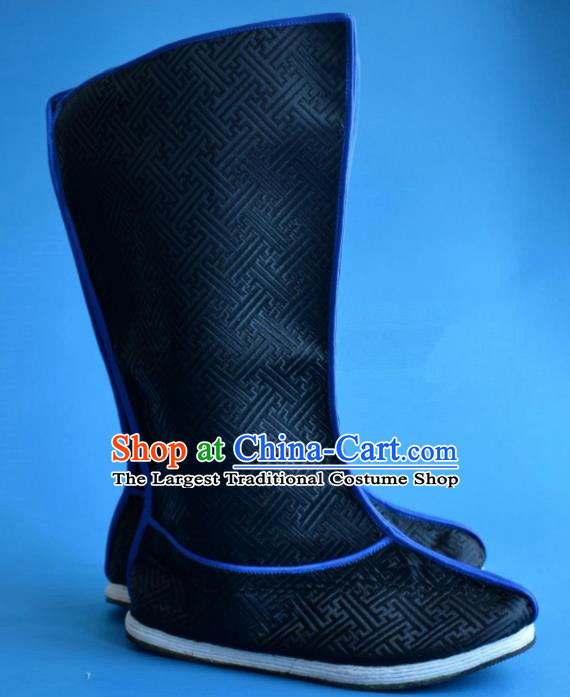 Chinese Traditional Beijing Opera Swordsman Shoes Ancient Qing Dynasty Prince Black Satin Boots for Men