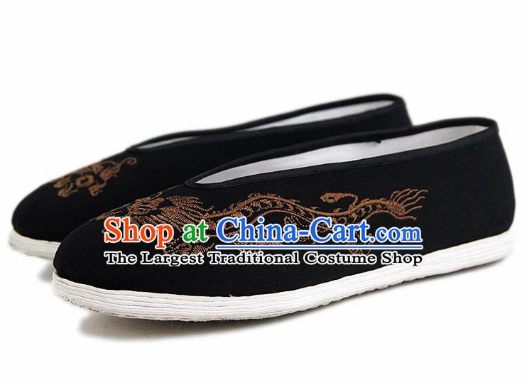 Chinese National Black Cloth Shoes Traditional Martial Arts Shoes Embroidery Golden Dragon Shoes for Men