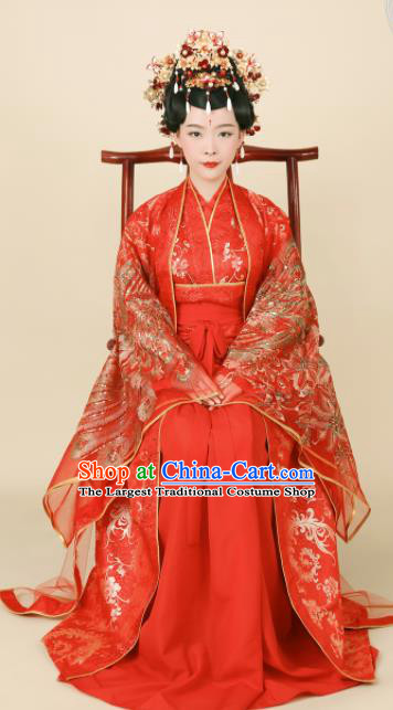 Chinese Ancient Bride Red Hanfu Dress Ming Dynasty Empress Embroidered Wedding Historical Costumes and Headpiece Complete Set