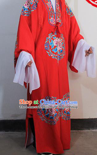 Chinese Traditional Peking Opera Niche Embroidered Robe Ancient Bridegroom Scholar Red Costumes for Men