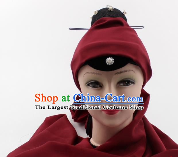 Chinese Traditional Peking Opera Pantaloon Hair Accessories Ancient Dowager Countess Wine Red Headcloth for Women