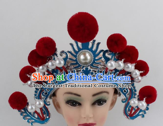 Chinese Traditional Peking Opera Blues Red Venonat Helmet Ancient Magic Warriors Hat for Women
