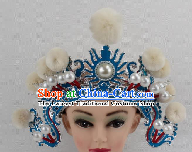 Chinese Traditional Peking Opera Blues White Venonat Helmet Ancient Magic Warriors Hat for Women