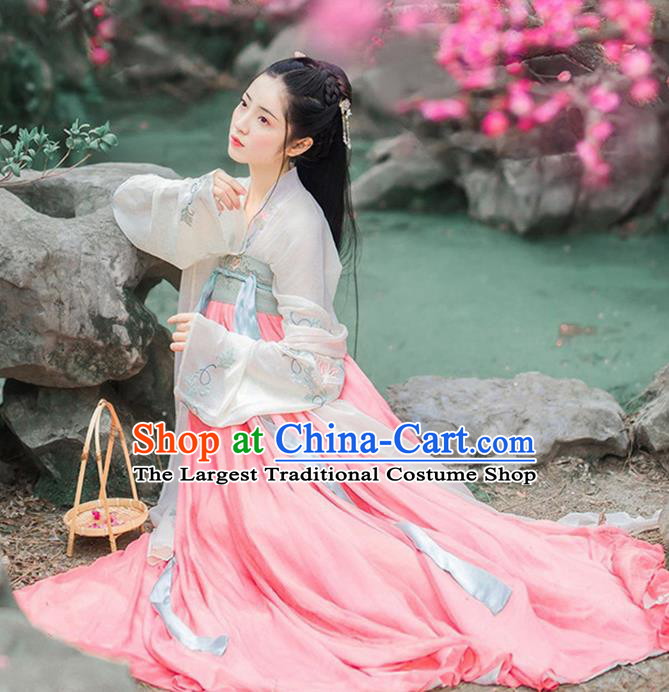 Chinese Ancient Nobility Lady Embroidered Costumes Tang Dynasty Palace Princess Pink Hanfu Dress for Women
