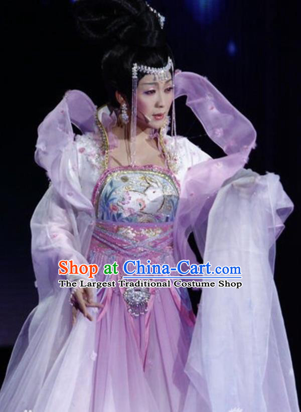 Traditional Chinese Classical Dance Embroidered Costumes Ancient Moon Goddess Lilac Hanfu Dress for Women
