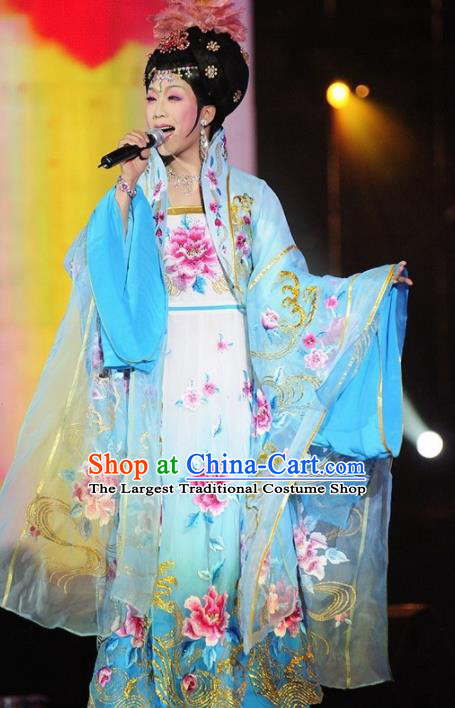 Traditional Chinese Tang Dynasty Classical Dance Costumes Ancient Imperial Consort Blue Embroidered Hanfu Dress for Women