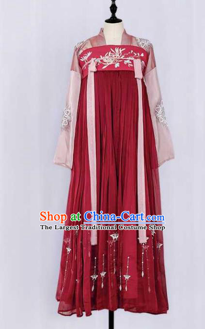 Traditional Chinese Ancient Peri Goddess Red Hanfu Dress Tang Dynasty Princess Embroidered Costumes for Women