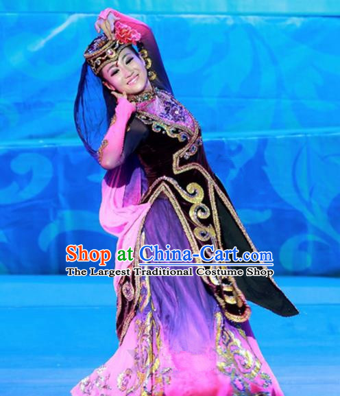 Chinese Traditional Ethnic Costumes Uyghur Minority Nationality Dance Purple Dress for Women