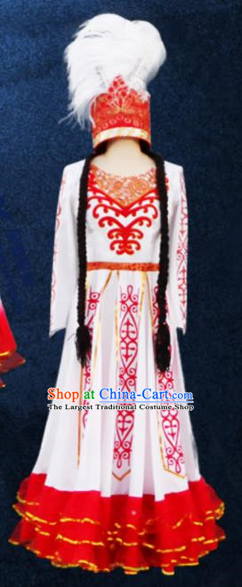 Chinese Traditional Ethnic Costumes Stage Performance Kazak Minority Nationality Dance White Dress for Women
