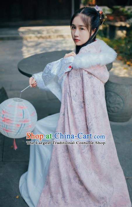 Chinese Traditional Costume Ancient Ming Dynasty Princess Embroidered Pink Cloak for Women