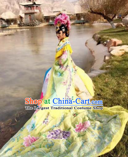 Chinese Traditional Tang Dynasty Embroidered Costume Ancient Imperial Consort Yellow Hanfu Dress for Women