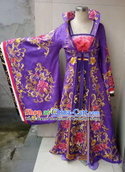 Chinese Traditional Tang Dynasty Embroidered Costume Ancient Imperial Consort Purple Hanfu Dress for Women