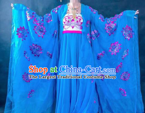 Chinese Traditional Tang Dynasty Embroidered Lotus Costume Ancient Imperial Consort Blue Hanfu Dress for Women
