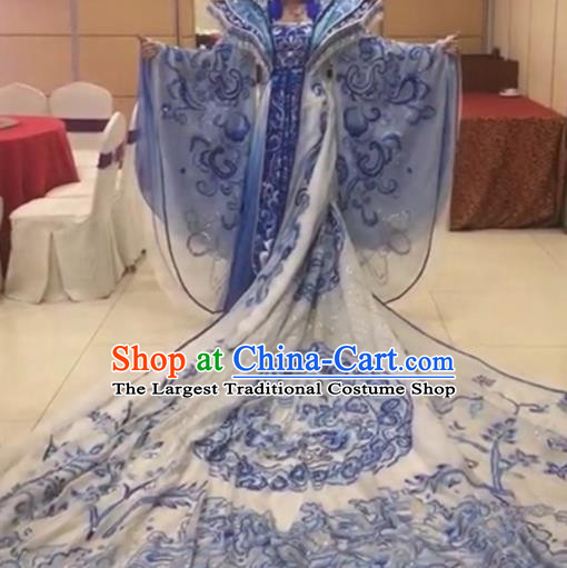 Traditional Chinese Tang Dynasty Embroidered Costume Ancient Imperial Consort Blue Hanfu Dress for Women