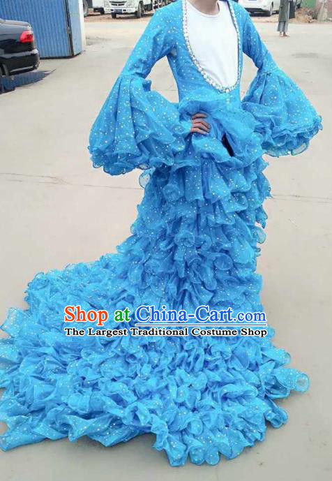 Top Grade Stage Performance Costumes Modern Dance Blue Trailing Dress for Women