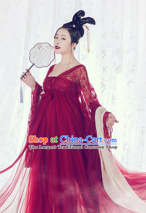 Traditional Chinese Tang Dynasty Palace Lady Costumes Ancient Imperial Consort Red Dress for Women