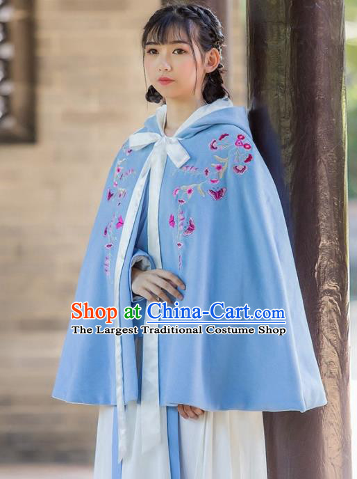Traditional Chinese Ancient Princess Costumes Embroidered Blue Cloak for Women