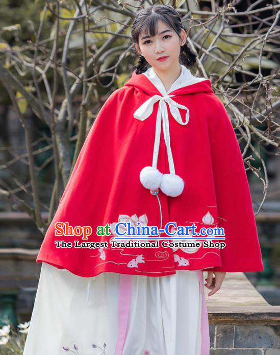 Traditional Chinese Ancient Princess Costumes Embroidered Lotus Red Cloak for Women