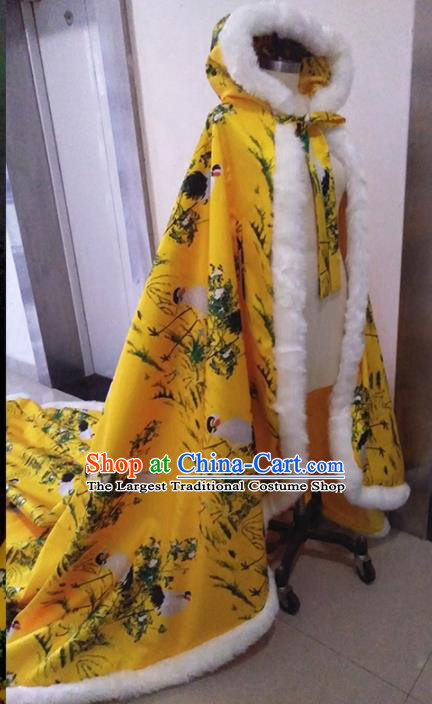 Traditional Chinese Ancient Costumes Hanfu Printing Crane Yellow Long Cloak for Women