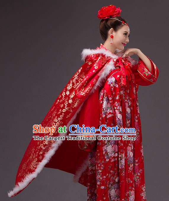 Chinese Traditional Costumes Ancient Peri Princess Hanfu Red Satin Cloak for Women