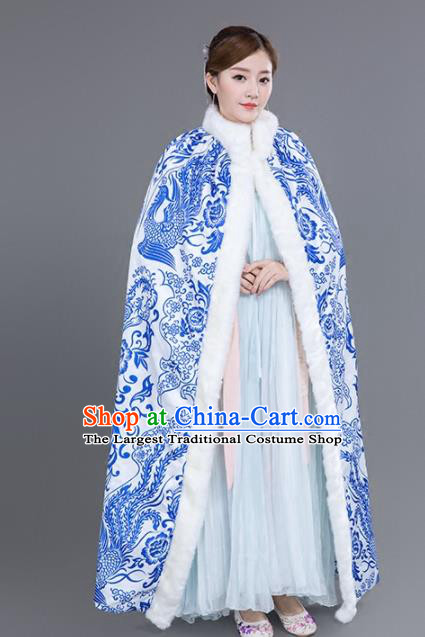 Chinese Traditional Costumes Ancient Princess Hanfu Blue Phoenix Cloak for Women