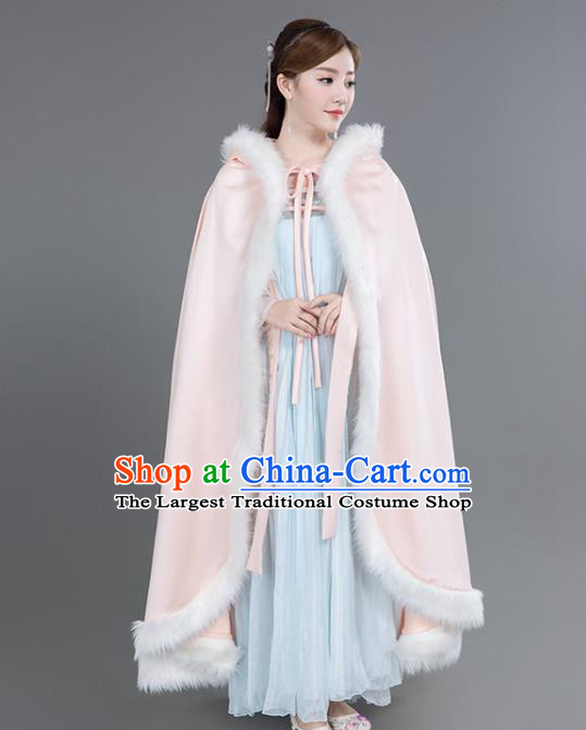 Chinese Traditional Costumes Ancient Peri Princess Hanfu Pink Brocade Cloak for Women