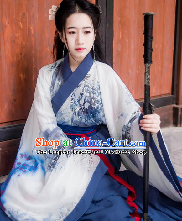 Chinese Traditional Hanfu Dress Ancient Jin Dynasty Swordswoman Costumes Complete Set