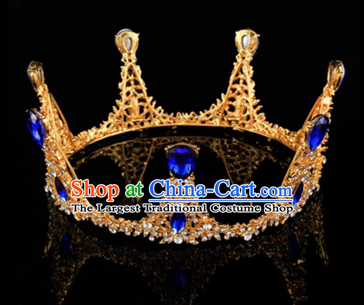 Top Grade Baroque Retro Round Golden Royal Crown Bride Blue Crystal Wedding Hair Accessories for Women