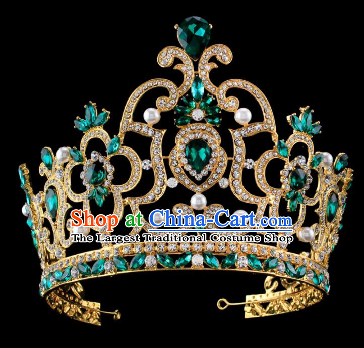 Top Grade Baroque Princess Retro Pearls Royal Crown Bride Green Crystal Wedding Hair Accessories for Women