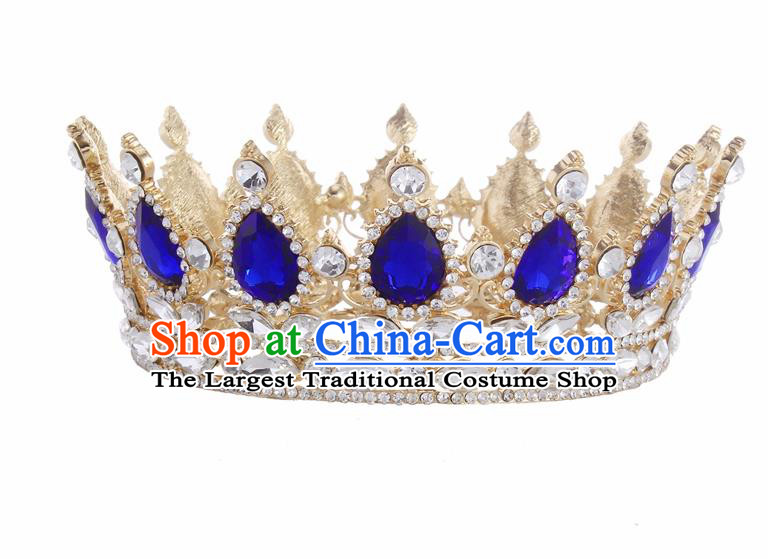 Top Grade Queen Retro Blue Rhinestone Golden Royal Crown Baroque Wedding Bride Hair Accessories for Women