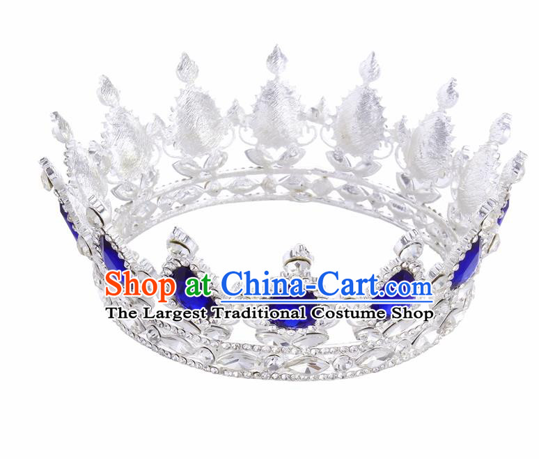 Top Grade Queen Retro Blue Rhinestone Royal Crown Baroque Wedding Bride Hair Accessories for Women