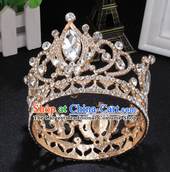 Top Grade Princess Rhinestone Round Golden Royal Crown Retro Baroque Wedding Bride Hair Accessories for Women
