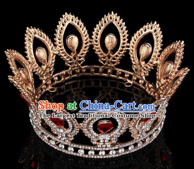 Top Grade Bride Wedding Hair Jewelry Accessories Baroque Red Crystal Round Royal Crown for Women