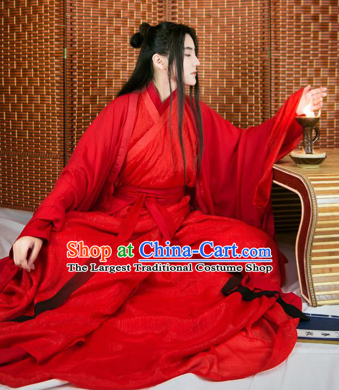 Chinese Ancient Han Dynasty Swordsman Wedding Red Costumes Complete Set for Men