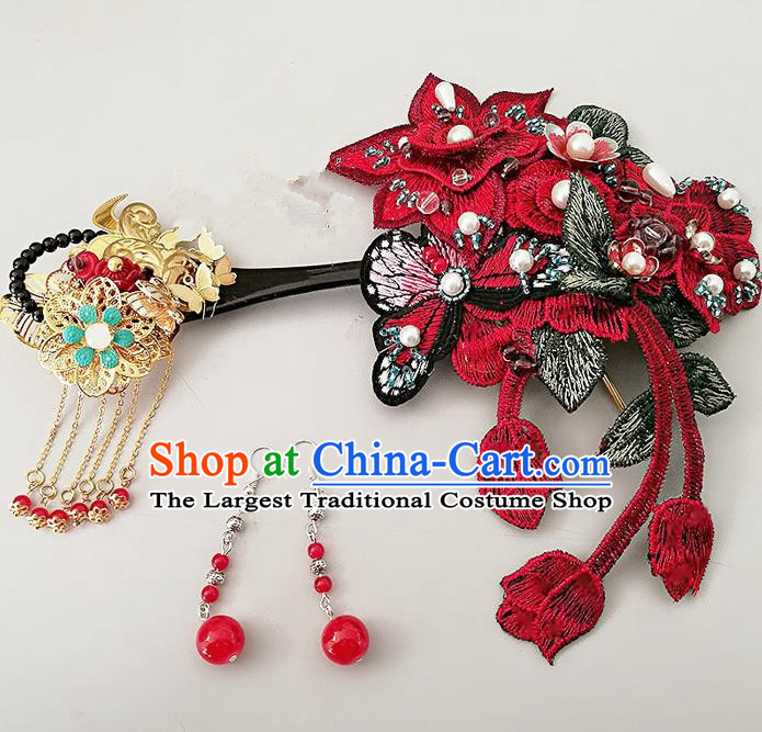 Chinese Ancient Han Dynasty Princess Hair Accessories Palace Red Embroidered Hairpins for Women
