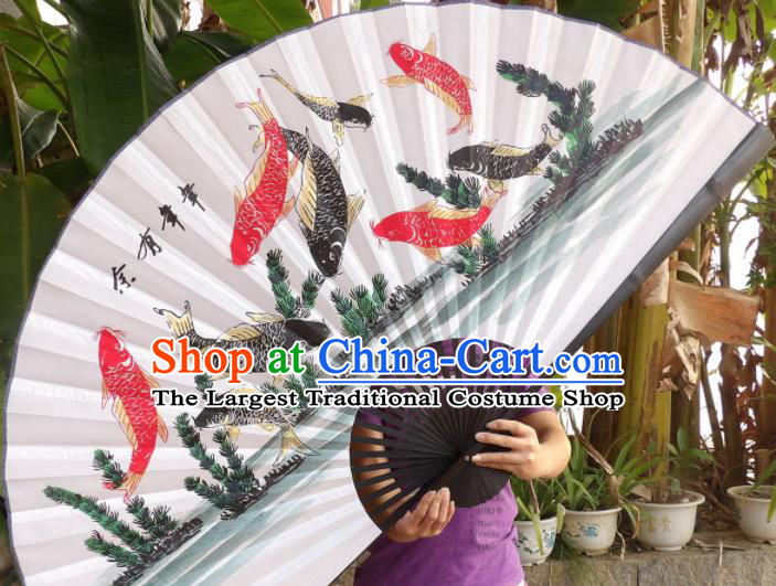 Chinese Traditional Paper Fans Decoration Crafts Handmade Printing Nine Fishes Black Frame Folding Fans