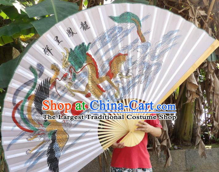 Chinese Traditional Handmade Paper Fans Decoration Crafts Printing Dragon Phoenix Wood Frame Folding Fans